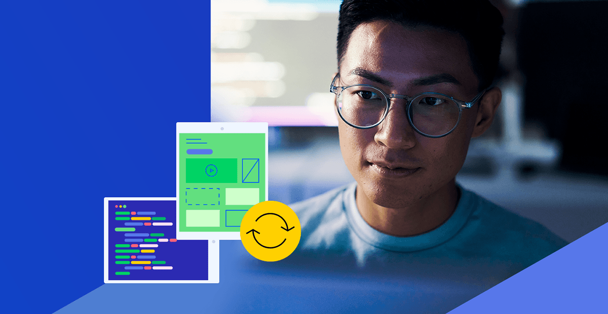 Photo of person with glasses in computer lab with graphic overlay